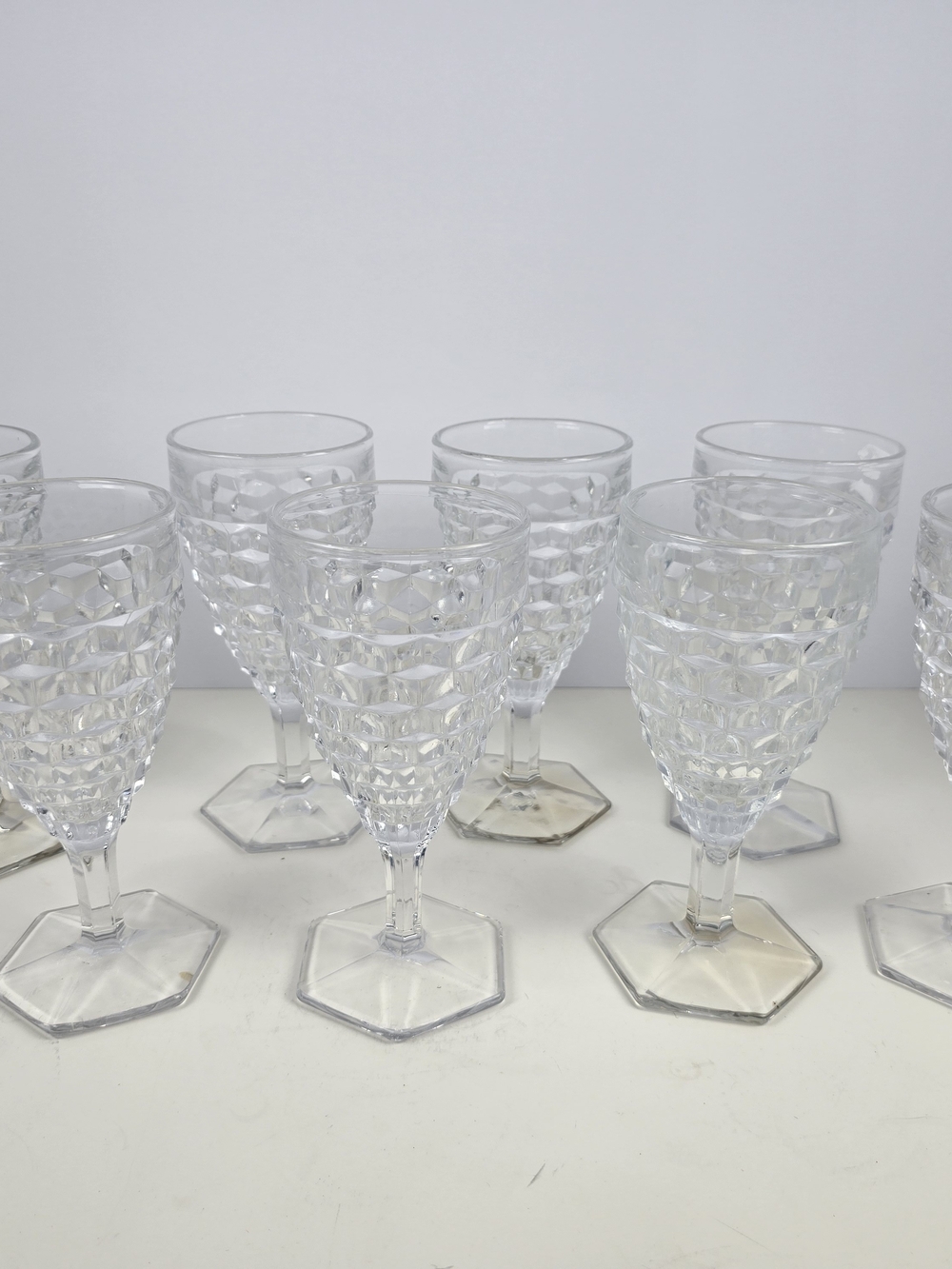 Vintage Fostoria American Clear Water Goblets Set of 8 Cubist Hex Foot Vintage